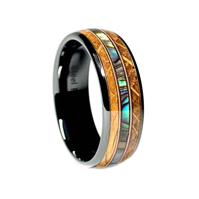 Tennessee Whiskey wedding band with reclaimed wood from a genuine Jack Daniels whiskey barrel, Mother of Pearl, and Guitar String by Steel Revolt
