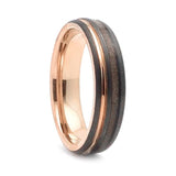 Nobility 5mm. Tennessee Whiskey wedding band with reclaimed wood from a genuine Jack Daniels whiskey barrel and rose gold color plating by Steel Revolt