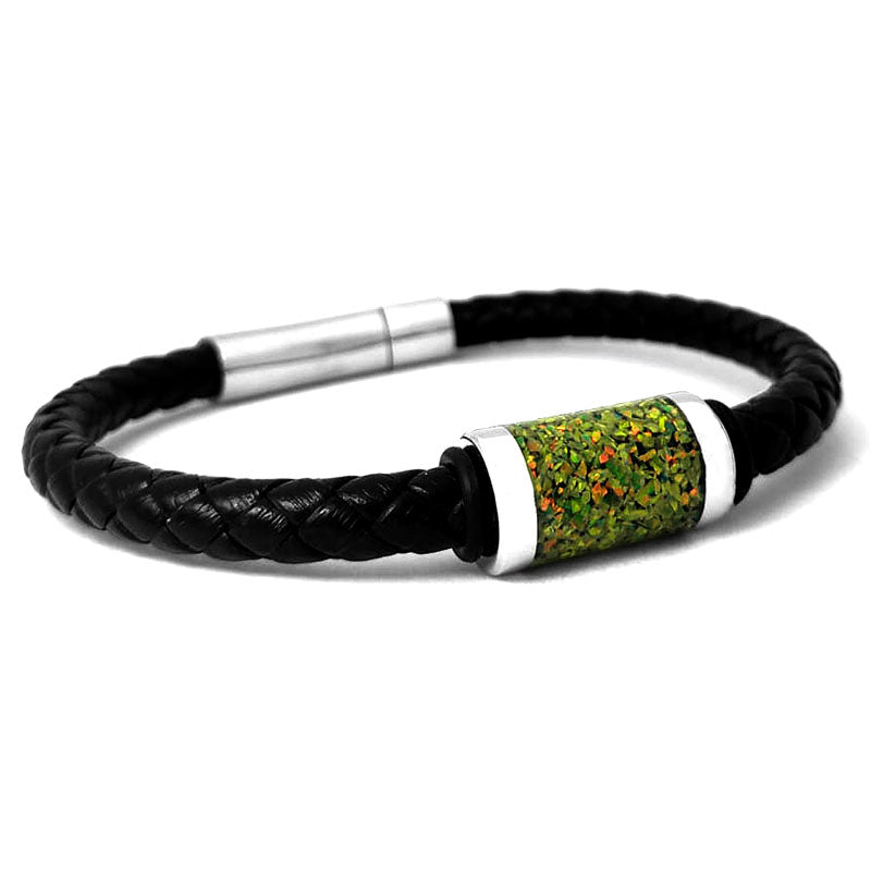 Leather Bracelet with a Crushed "Living" Peridot Opal Bead