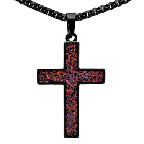 Crushed Opal - Living Pink Opal Reversible Stainless Steel Cross by Steel Revolt