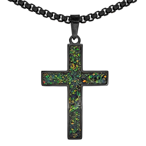 Crushed Opal - Living Blue Topaz Reversible Stainless Steel Cross by Steel Revolt