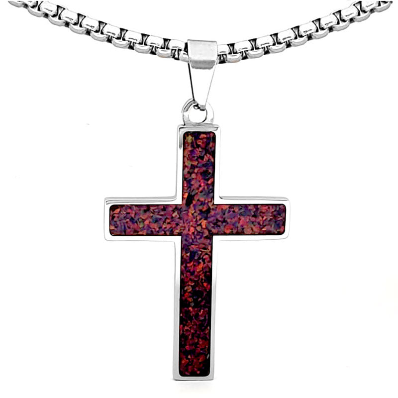Crushed Opal - Living Pink Opal Reversible Stainless Steel Cross by Steel Revolt
