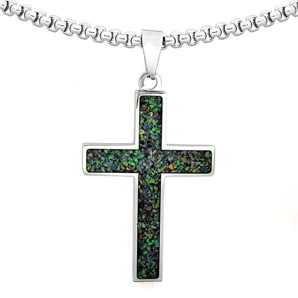 Crushed Opal - Living Blue Topaz Reversible Stainless Steel Cross by Steel Revolt