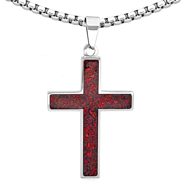 Crushed Opal - Living Garnet Reversible Stainless Steel Cross by Steel Revolt