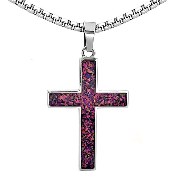 Crushed Opal - Living Amethyst Reversible Stainless Steel Cross by Steel Revolt