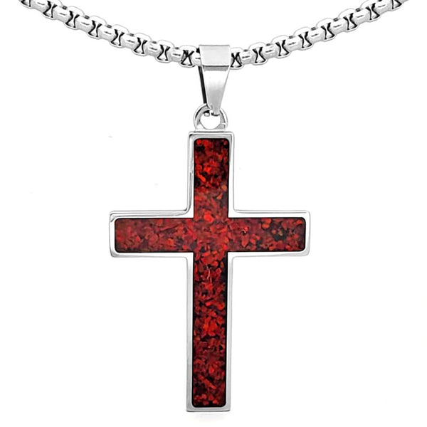 Crushed Opal - Living Ruby Reversible Stainless Steel Cross by Steel Revolt