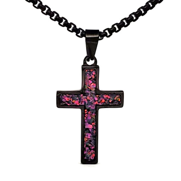 Crushed Opal - Living Pink Opal Reversible Stainless Steel Cross by Steel Revolt