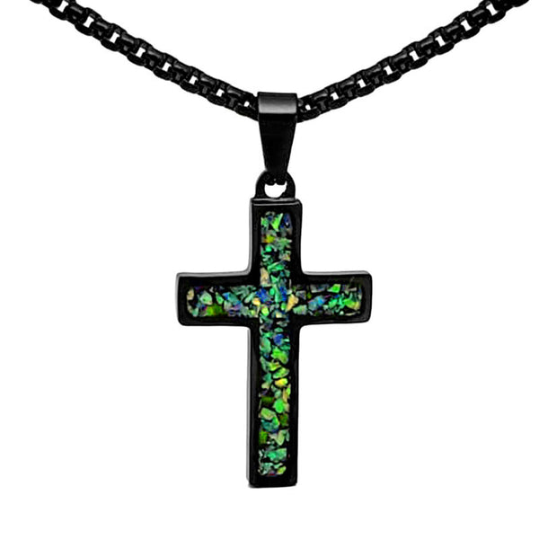 Crushed Opal - Living Blue Topaz Reversible Stainless Steel Cross by Steel Revolt