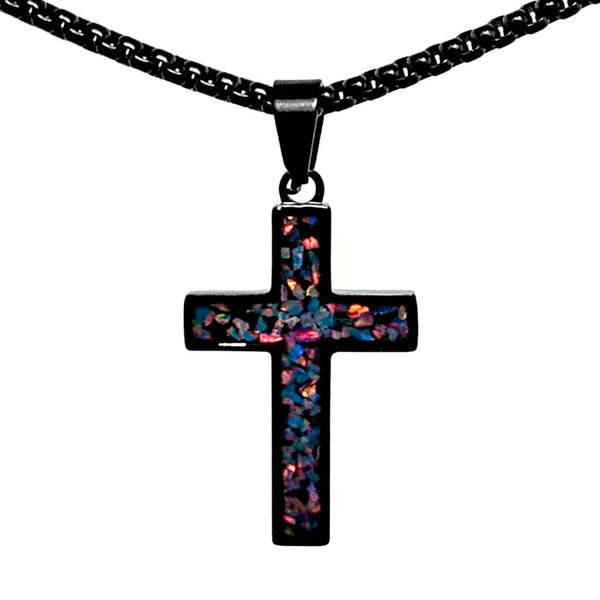 Crushed Opal - Living Aquamarine Reversible Stainless Steel Cross by Steel Revolt