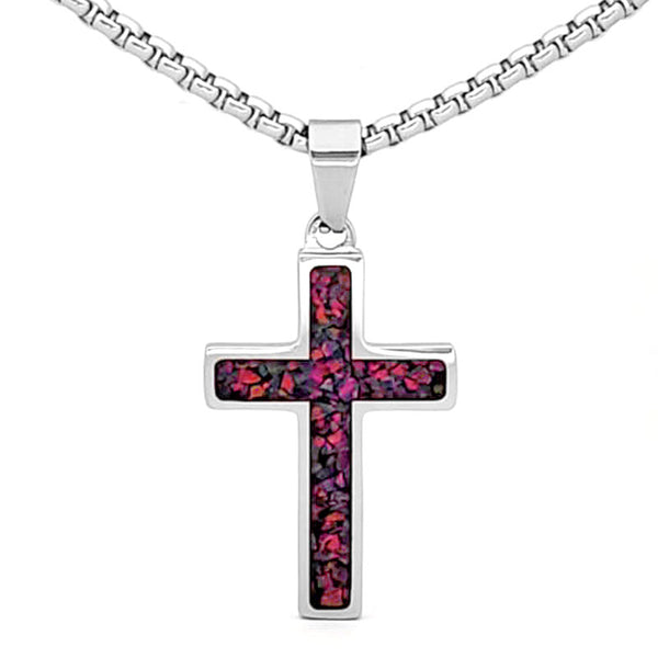 Crushed Opal - Living Pink Opal Reversible Stainless Steel Cross by Steel Revolt