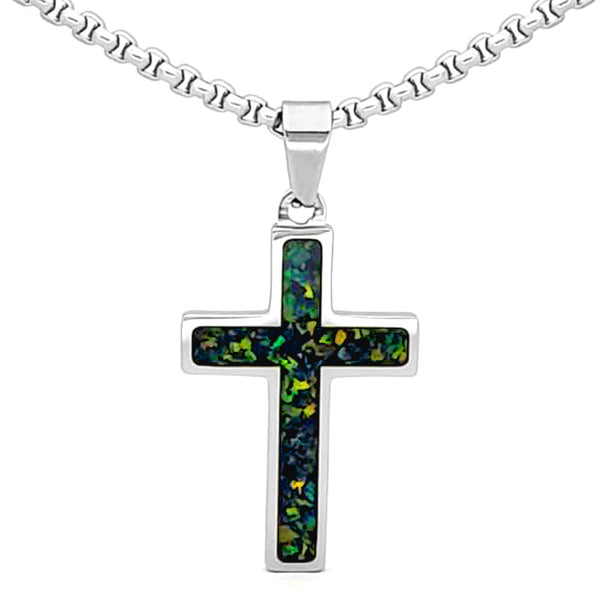 Crushed Opal - Living Blue Topaz Reversible Stainless Steel Cross by Steel Revolt