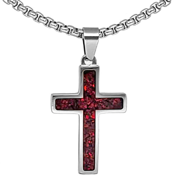 Crushed Opal - Living Garnet Reversible Stainless Steel Cross by Steel Revolt