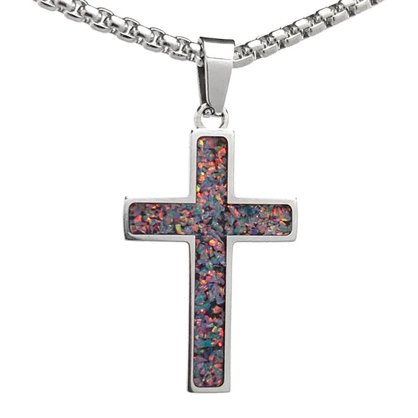 Crushed Opal - Living Aquamarine Reversible Stainless Steel Cross by Steel Revolt