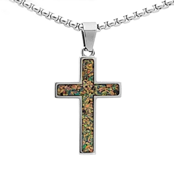 Crushed Opal - Living Diamond Reversible Stainless Steel Cross by Steel Revolt