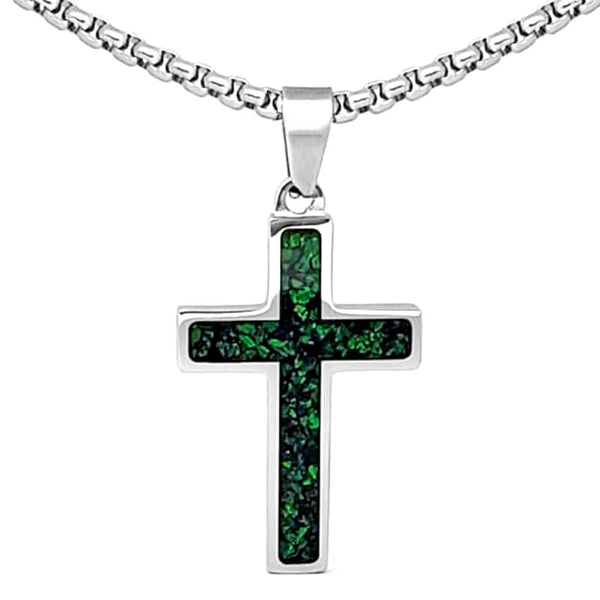 Crushed Opal - Living Emerald Reversible Stainless Steel Cross by Steel Revolt