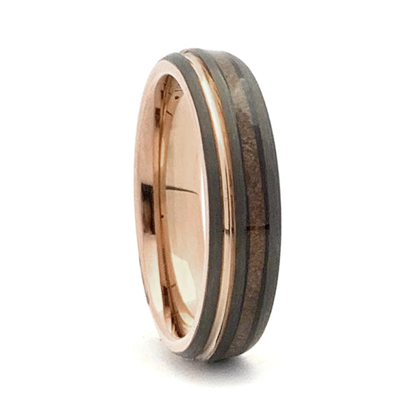 Nobility 5mm. Tennessee Whiskey wedding band with reclaimed wood from a genuine Jack Daniels whiskey barrel and rose gold color plating.