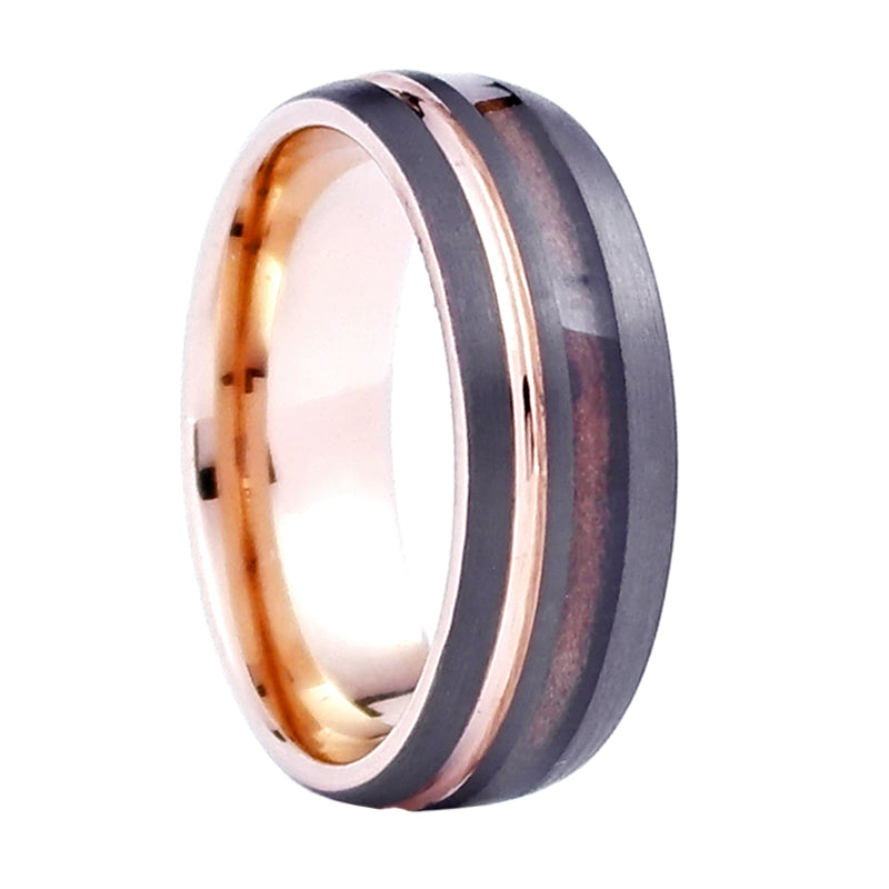 Nobility. Tennessee Whiskey wedding band with reclaimed wood from a genuine Jack Daniels whiskey barrel and rose gold color plating by Steel Revolt